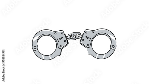 Pair of locked metal handcuffs symbolize law enforcement, crime, punishment, justice, and legal restrictions on a white background.