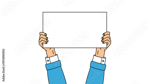 Hands in a blue sweater hold up a blank white horizontal sign to display a message, announcement, or protest slogan.