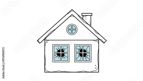 Small white house with a chimney and two broken glass windows showing signs of neglect or vandalism on white.