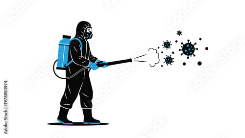 Person in black protective hazmat suit using a spray tool to disinfect air and eliminate floating virus particles.