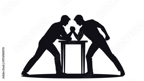 Black silhouette of two muscular men engaged in a fierce arm wrestling competition over a table against a plain white background.