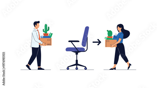 Illustration of job replacement showing a man leaving with his office plants and a woman arriving to take the seat.