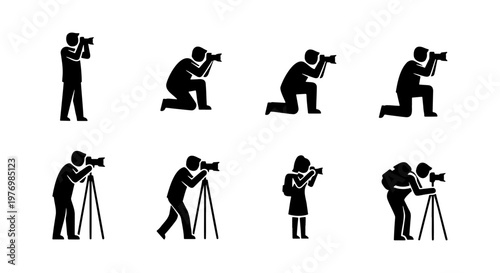 Photographer silhouette icons, 8 camera operator vectors, photography set