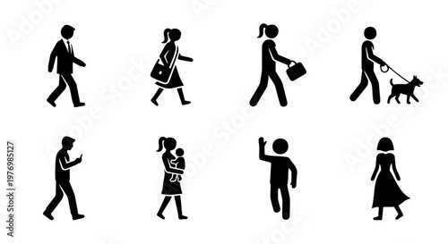 Walking people icons set, black silhouette figures, pedestrian vector