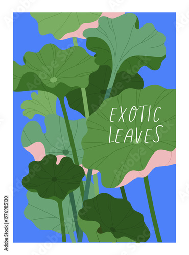 Exotic lotus leaves, tropical leaf plant, botanical card. Green foliage, summer nature, poster design in frame. Greenery, vegetation, vertical background. Flora postcard. Flat vector illustration