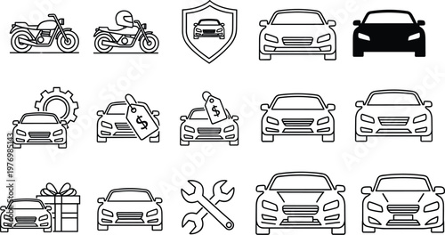  Car Service and Maintenance Line Icon Set with Vehicles Tools Insurance and Repair Symbols for Automotive Business and Transport Design