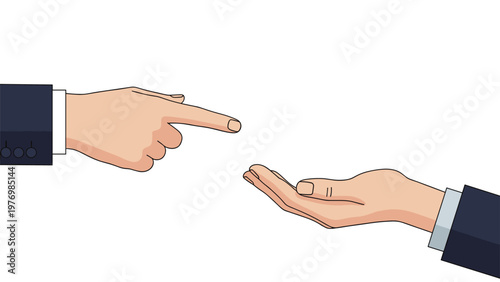 Professional hand in a dark suit pointing its finger at an empty open palm of another hand for a business concept.