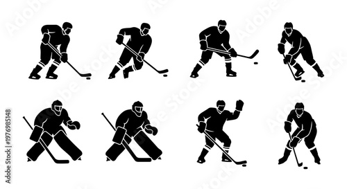 Ice hockey player silhouettes, 8 athlete vector icons, goalie and skater set