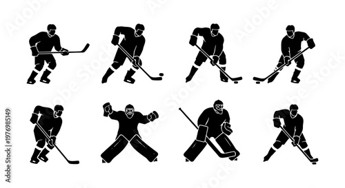 Ice hockey player silhouettes, 8 athlete vector set, goalie and skater icons
