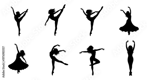 Dancing woman silhouettes, 8 ballet dancer poses, female performer vector
