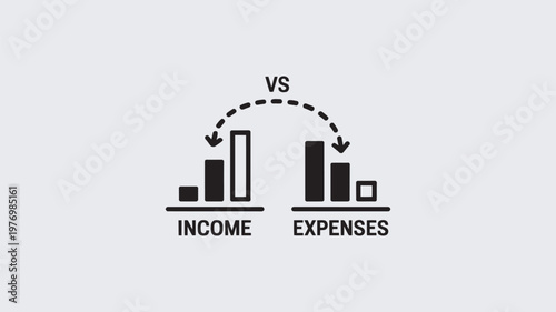 A graphic illustration comparing income and expenses with bar charts and arrows showing the relationship between financial earnings and spending.