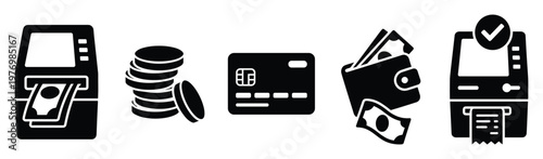 Modern finance payment method icons depicting ATM money withdrawal, stacked currency coins, secure credit card, cash wallet, and banking transaction confirmation for financial applications.