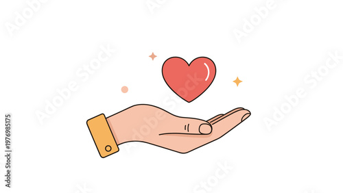 Hand holding a single red heart shape with a white shine and stars representing love and compassion for others.