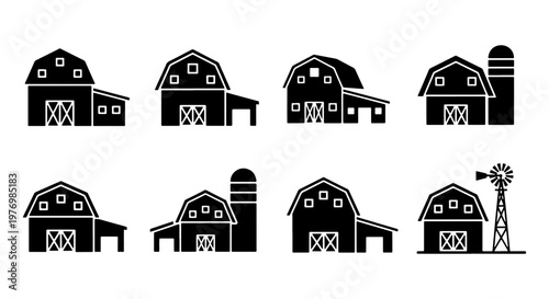 Farm barn icon set, 8 black silhouette farmhouses, rural building vectors