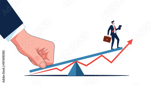 Massive hand pushing down a lever to propel a businessman upwards along a rising red profit graph line arrow.