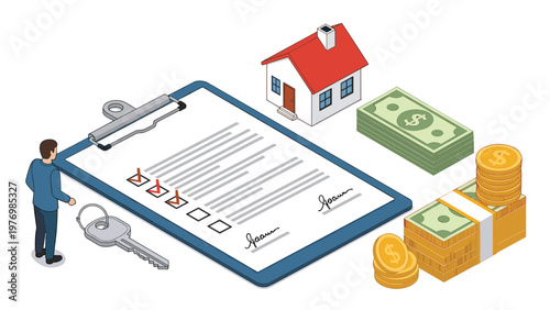Prospective homeowner examines a real estate mortgage contract with a house model, keys, and stacks of cash on a blue clipboard.