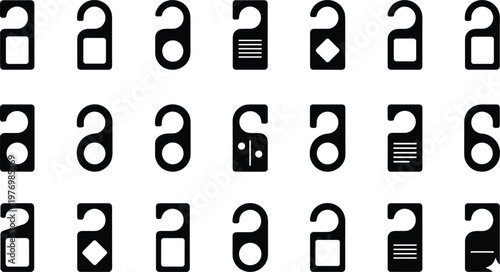 Collection of Black Door Hanger Icons with Various Geometric Shapes and Symbols for Hotel Privacy and Vector Signage Design Isolated on White Background