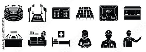 Essential tennis tournament venue management and event operations icons featuring stadium court scoreboard spectator seating VIP lounge ticket office press room medical station and