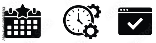 Collection of essential business icons including a starred calendar for key events, a clock with gears for process optimization, and a browser checkmark for successful web operations or