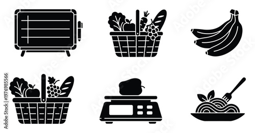 Set of black and white glyph icons representing various grocery and food related items including shopping list, full baskets, bananas, kitchen scale, and prepared pasta dish