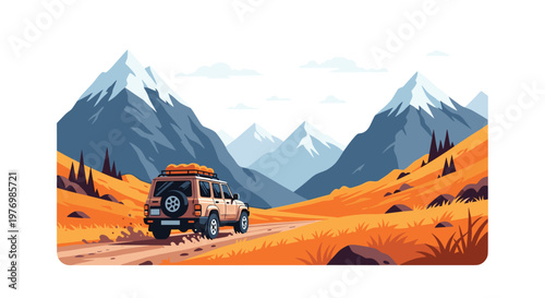 A sturdy tan off-road truck drives through a vibrant orange meadow toward jagged blue mountain peaks against a clean and minimalist white sky background.