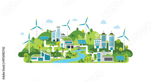 A sustainable green city illustration features numerous blue wind turbines and solar panels integrated into a lush hilly landscape with a flowing river.