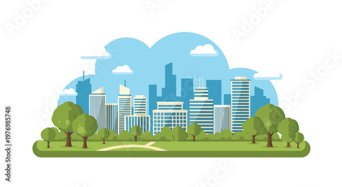 A modern metropolitan skyline with diverse skyscraper designs stands prominently behind a serene green park featuring rounded deciduous trees and paths.