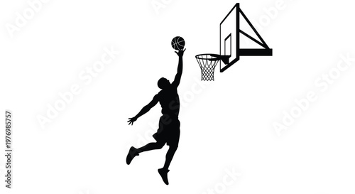 A stark black silhouette of a professional basketball player performs a powerful dunk into a hoop against a pristine and minimalist white background.