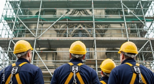 Male construction workers in safety harnesses inspecting historic building restoration scaffolding