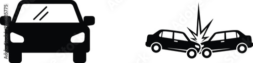  Car Accident and Vehicle Front View Icon Set with Crash Collision Symbol for Road Safety Insurance and Transportation Design