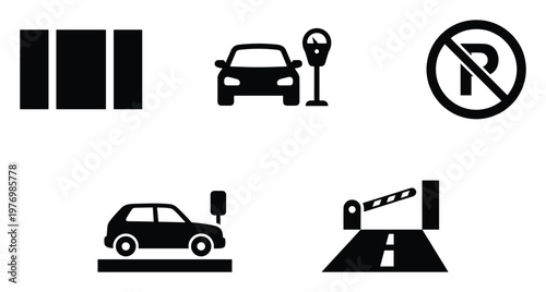 Traffic and parking control system vector icons set featuring car, parking meter, no parking sign, and road barrier, ideal for urban planning and transportation diagrams.