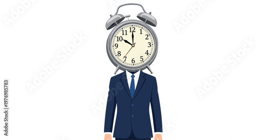 A professional man in a navy blue suit features a large classic silver twin-bell alarm clock as his head against a minimalist white background space.