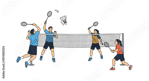Four focused athletes in vibrant blue and orange jerseys play an intense game of badminton with rackets raised high to hit a flying shuttlecock.