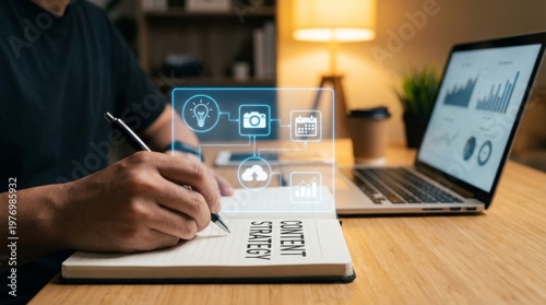Professional content strategy marketing planning and business workflow productivity with digital media icons and laptop for social media management creative ideas and online growth success