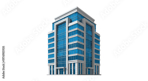 A towering modern corporate skyscraper featuring numerous reflective blue glass windows and a pristine white concrete frame stands prominently against a clean white background.