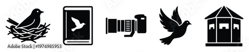 Birdwatching and wildlife observation glyph icons depicting a bird in a nest, a guide book, a camera, a flying bird, and a bird hide, ideal for nature conservation websites and educational