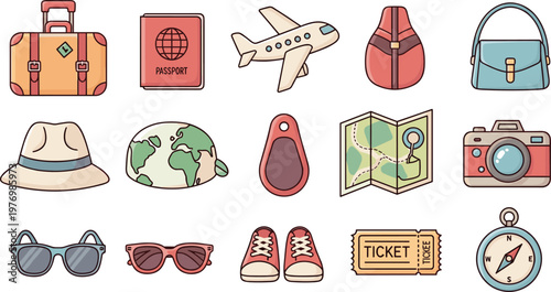Travel Icon Set Featuring Luggage, Passport, Airplane, Camera, and Accessories for Vacation and Adventure Designs