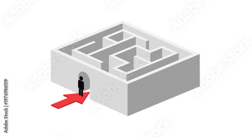 A solitary black figure enters a simple grey isometric maze through a small archway following a large red arrow on a clean and pristine white background.