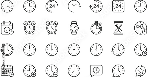 Comprehensive Collection of Minimalist Time and Clock Line Icons Featuring Twenty Four Hour Service Alarm Stopwatch Calendar Hourglass and Wristwatch Symbols for Business Productivity