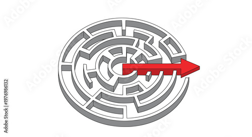 A bold red three-dimensional arrow cuts a direct path through the complex walls of a grey circular labyrinth against a pristine white background for clarity.