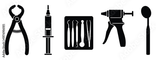 Professional dental tools and equipment black silhouette collection for medical healthcare oral hygiene and stomatology presentations or educational resources