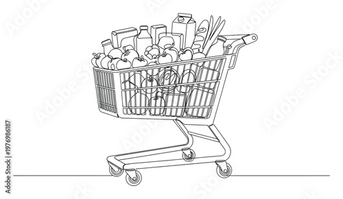 Continuous line drawing of a grocery shopping cart overflowing with fresh produce, packaged goods, and dairy products, suitable for illustrating retail, consumer spending, and household