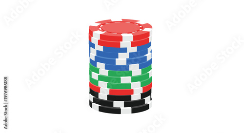 A single tall vertical stack composed of alternating red blue green and black poker chips stands prominently centered against a neutral white background for focus.