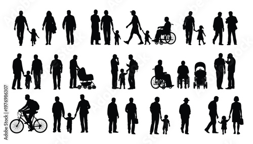 Black silhouettes of diverse people engaged in everyday activities like walking, cycling, pushing strollers, and using wheelchairs, useful for graphic resources and architectural design