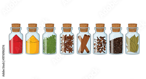 An extensive row of eight transparent glass bottles showcases whole cinnamon sticks, star anise, cloves, and bay leaves for gourmet kitchen seasoning.