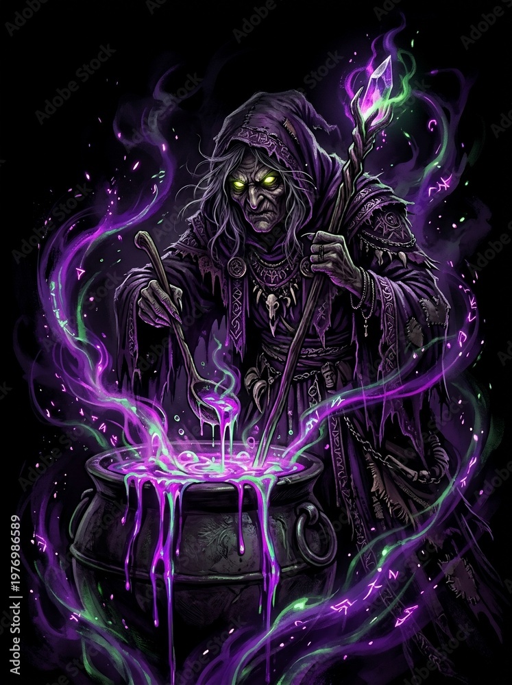 Obraz premium Ancient hooded witch brewing glowing purple potion in a dark cauldron.