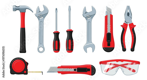 A professional assortment of manual hand tools including a hammer and pliers features a striking red and black color motif on a clean background.