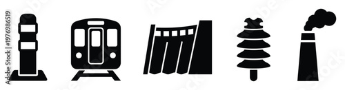 Comprehensive collection of industrial and transportation infrastructure icons for engineering projects, urban planning, and environmental impact presentations