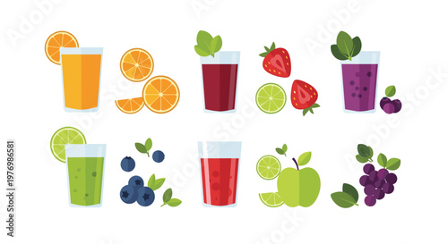 A vibrant collection of healthy fruit juices and smoothies in clear glasses is surrounded by fresh ingredients like oranges and ripe blueberries.