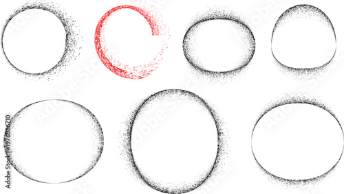  Distress basic geometric shape design . Noise dispersion circle logo . Spray effect .Grunge, grainy, gritty texture with circle frame. Distressed circle element .vector
